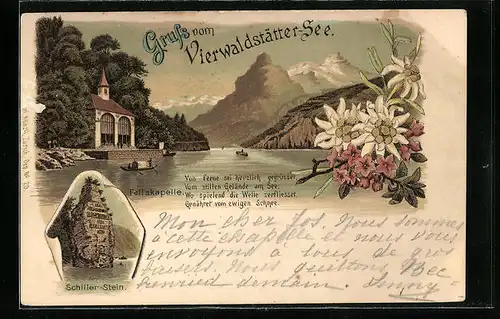 Lithographie Vierwaldstätter See, Tellskapelle und Schillerstein