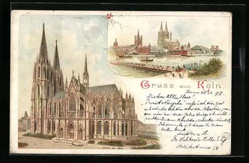 Lithographie Köln, Dom, Panorama mit Dom und Rheinbrücke