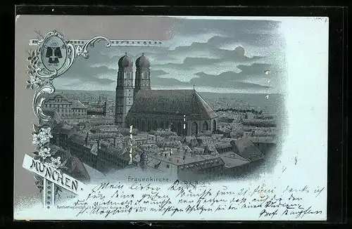 Mondschein-Lithographie München, Teilansicht mit Frauenkirche aus der Vogelschau