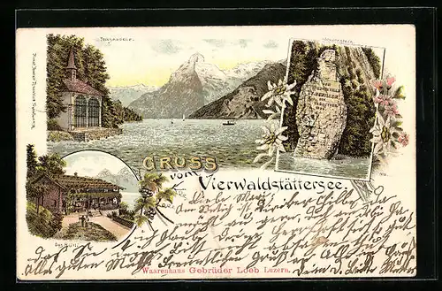 Lithographie Vierwaldstättersee, Tellskapelle, Schillerstein, Rütli