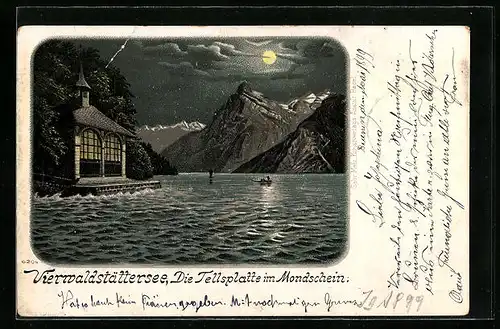 Mondschein-Lithographie Vierwaldstättersee, Tellskapelle