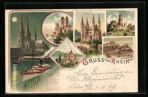 Lithographie Köln, Mondschein-Partie am Dom, Apollinariskirche Remagen, Abtei Laach