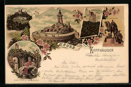 Lithographie Kyffhäuser, Kaiser-Wilhelm-Denkmal, Rothenburg, Kyffhäuser-Ruine