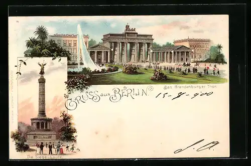 Lithographie Berlin, Brandenburger Tor und Siegessäule