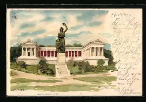 Künstler-AK München, Ruhmeshalle und Bavaria unter Wolkenhimmel