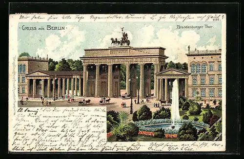 Lithographie Berlin, Brandenburger Thor mit Springbrunnen