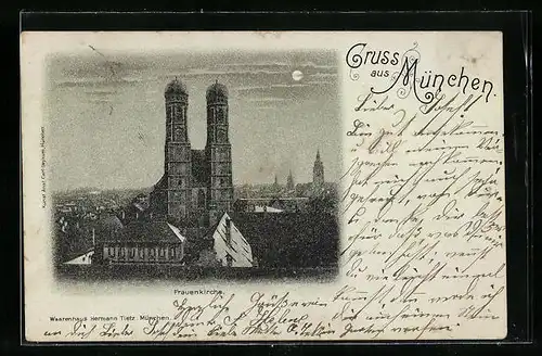 Mondschein-AK München, Teilansicht mit Frauenkirche