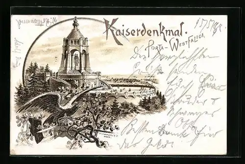 Lithographie Porta Westfalica, Kaiserdenkmal und Adler
