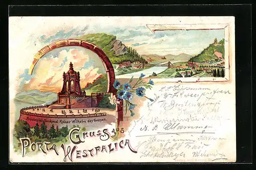 Lithographie Porta Westfalica, Provinzialdenkmal, Brücke