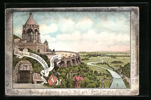 Lithographie Wittekindsberg, Kaiserdenkmal mit Blick ins Land