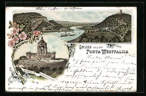 Lithographie Porta Westfalica, Denkmal Kaiser Wilhelms I., Panorama mit Brücke