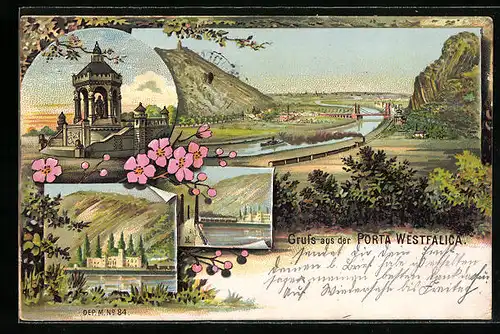 Künstler-AK Porta Westfalica, Denkmal und Schloss, Brückenpanorama
