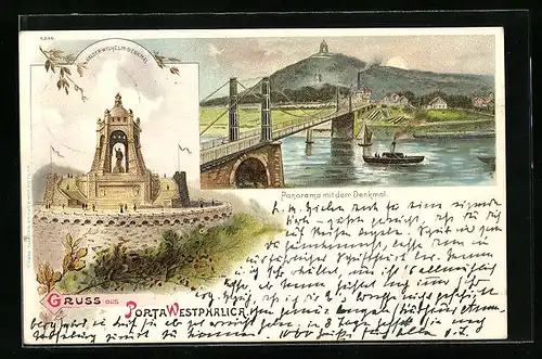 Lithographie Porta Westfalica, Denkmal, Panorama mit Denkmal und Brücke