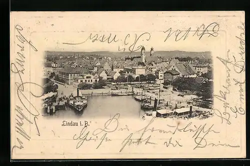 Präge-AK Lindau i B., Blick auf den Hafen und die Stadt