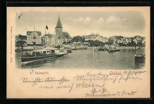 AK Lindau, Hafenpartie mit Blick auf die Stadt