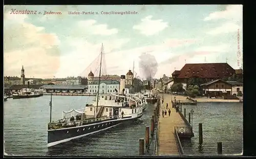 AK Konstanz a. Bodensee, Anlegestelle mit Dampfer