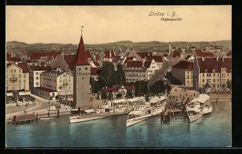 AK Lindau i. B., Hafenpartie mit Ansicht der Stadt