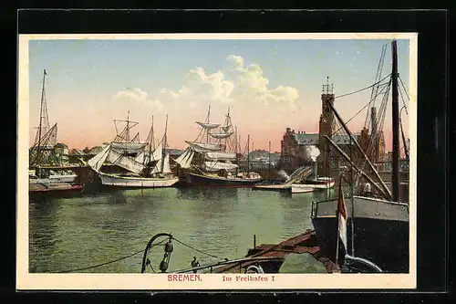 AK Bremen, im Freihafen mit Segelschiffen