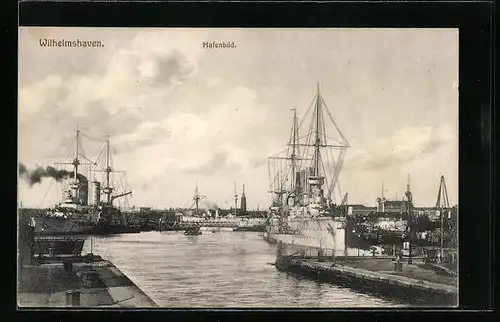 AK Wilhelmshaven, Hafenbild mit Segelschiff und Dampfer
