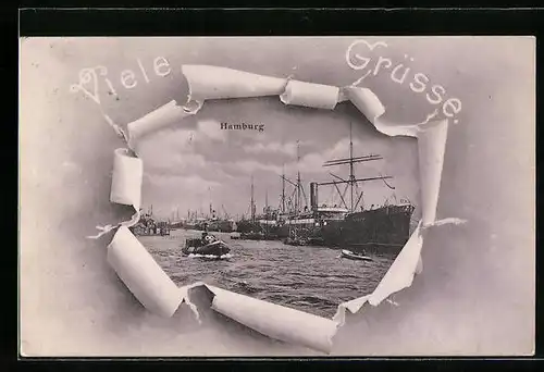 AK Hamburg, Blick auf den Hafen mit Dampfschiffen