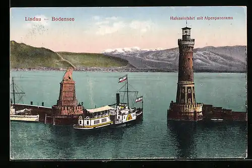 AK Lindau /Bodensee, Hafeneinfahrt mit Alpenpanorama