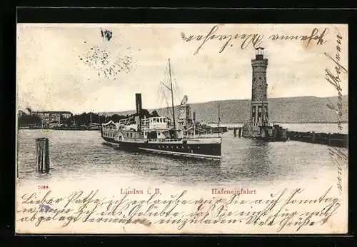 AK Lindau i. B., Hafeneinfahrt mit Dampfschiff