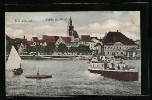 AK Ueberlingen, Partie am Hafen mit Schiffen