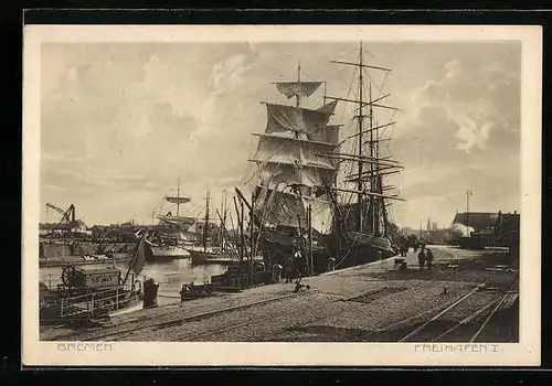 AK Bremen, Freihafen I. mit Segelschiff