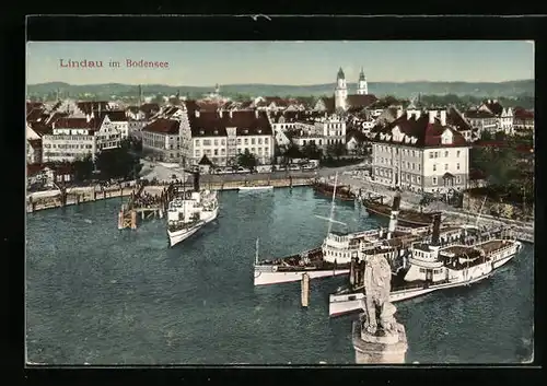AK Lindau im Bodensee, Blick auf den Hafen mit Dampfschiffen