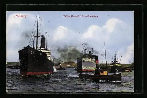 AK Hamburg, Hafen, Dampfer im Schlepptau