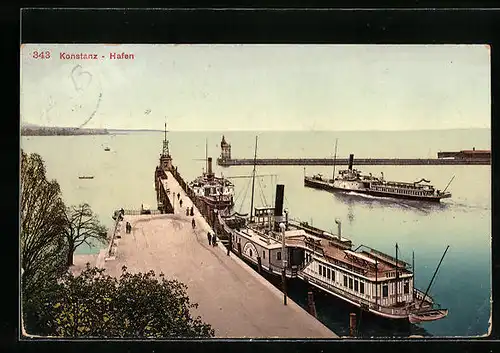 AK Konstanz, Hafeneinfahrt und Mole aus der Vogelschau