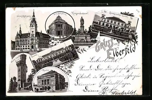 Lithographie Elberfeld, Kriegerdenkmal, Neues Rathaus, Theater