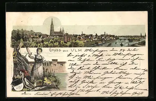 Lithographie Ulm, Gruss mit Teilansicht der Stadt