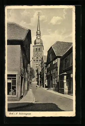 AK Werl i. W., Krämergasse mit Kirche