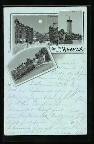 Mondschein-Lithographie Barmen, Töllethurm, Ringelthal, Altenmarkt