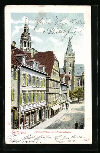 Lithographie Heilbronn, Fleinerstrasse mit Kilianskirche