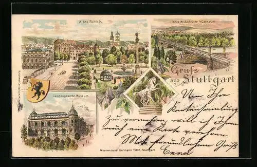 Lithographie Stuttgart, Neue Neckarbrücke, Altes Schloss, Landesgewerbe Museum