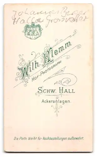 Fotografie Wilh. Klemm, Schw. Hall, Ackersanlagen, Portrait stattlicher Herr mit Vollbart