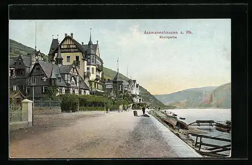 AK Assmannshausen a. Rh., Rheinpartie mit Gasthof zur Krone