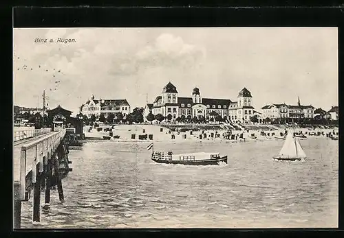 AK Binz a. Rügen, Blick von der See auf Strand und Villen