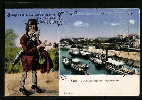 AK Riesa, Landungsplatz der Dampfschiffe, Fritze Bliemchen
