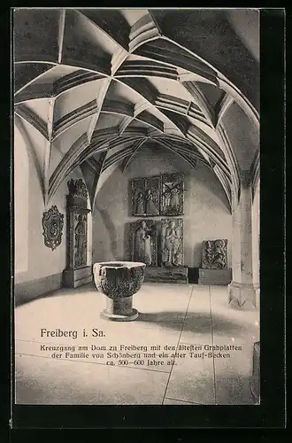 AK Freiberg i. Sa., Kreuzgang im Dom, Grabplatten der Familie von Schönberg und Taufbecken