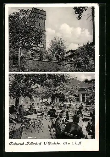 AK Wiesbaden, Restaurant Kellerskopf, Turm und Garten