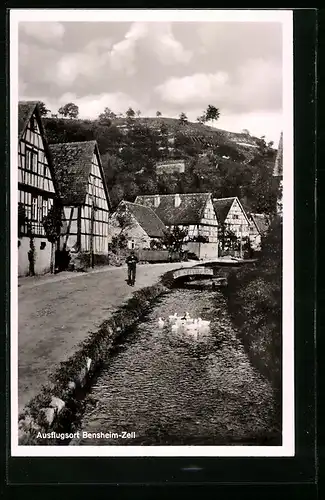 AK Bensheim-Zell, Promenade mit alten Fachwerkhäusern am Kanal