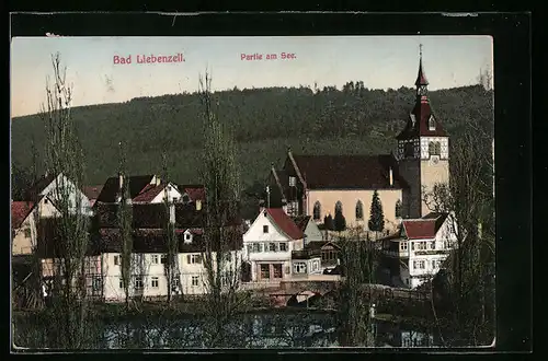 AK Bad Liebenzell, Partie mit Kirche am See