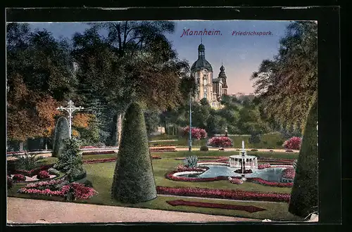 AK Mannheim, Friedrichspark mit Springbrunnen