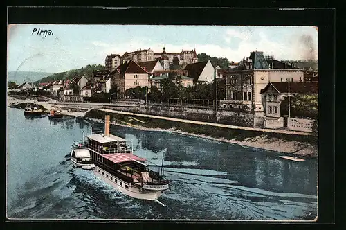 AK Pirna / Elbe, Teilansicht mit Schloss und Elbdampfer