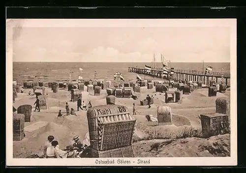 AK Göhren / Ostseebad, Strand mit Seebrücke