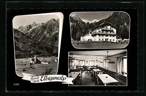 AK Elbigenalp, Pension Alpenrose, Aussen- und Innenansicht, Ortspanorama