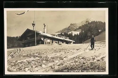 AK St. Johann, Gasthaus Angerer Alm mit Skiläuferin